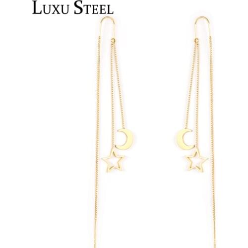 LUXUSTEEL 2021 Star Moon Drop Earrings For Women Trendy Style Gold/Silver Color Stainless Steel Long Chain Earring Brinco Party