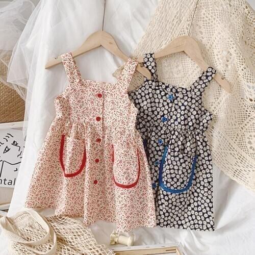 Spaghrtti Strap Girls Summer Dress 2020 New Pockets Buttons Vintage Stylish Floral Dress Off Shoulder Cute Princess Gowns