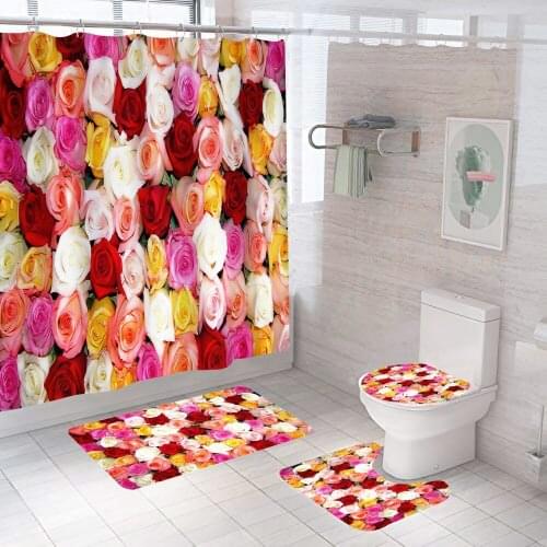 4pcs Bathroom Set Waterprof Shower Curtain Flower Rose Printed Non Slip Floor Mat Bath Carpet Toilet Seat Lid Cover Pedestal Rug