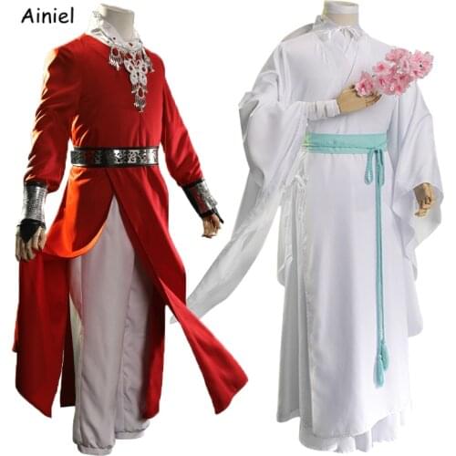 Anime Tian Guan Ci Fu Cosplay Xie Lian Costume Full Set Hua Cheng Kimono Han Fu Xielian Bamboo Hat Props White Outfits Disfraz
