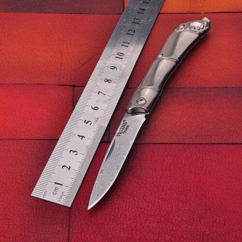 Bamboo Folding Knife Damascus Steel TC4 Titanium Handle EDC Outdoor Fruit Knife Gift Knife
