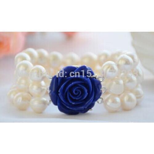 Free Shipping>>> 3row 8" 12mm almost round white screw thread freshwater pearl bracelet