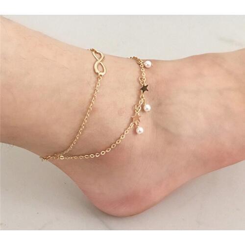 2021 Hot Elegant Simulated Pearl Double Layer Anklet with Star 8 Words Bohemian Ankle Bracelet Boho Foot Jewelry