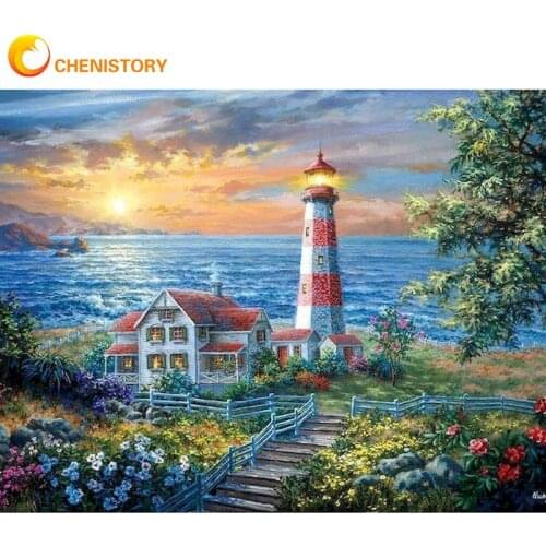 CHENISTORY Painting By Numbers Castle And Lighthouse Island Landscape Picture HandPainted 60x75cm Framed On Canvas Home Craft