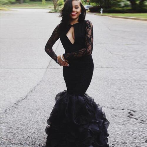 Mermaid Black Evening Dress 2020 Long Sleeves Formal Dress Women Elegant Lace Party Dresses Evening Gown