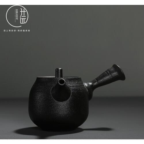Black crude pottery side pot handmade Japanese style Kung Fu tea set retro ceramics Puer tea maker teapot kettle ceremony