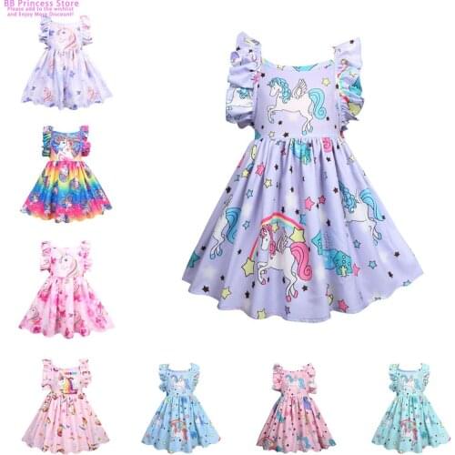 3-9Years New Colorful Full Printed Pure Cotton Unicorn Dresses For Girl Summer Kids Home Party Clothes Children Birthday Present
