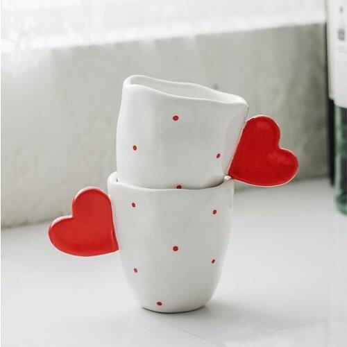 Red Heart Handgrip Ceramic Mugs Cup Creative Lovely Red Polka Dot Prints Water Cup Coffee Mugs Simple Love Gift For Couple