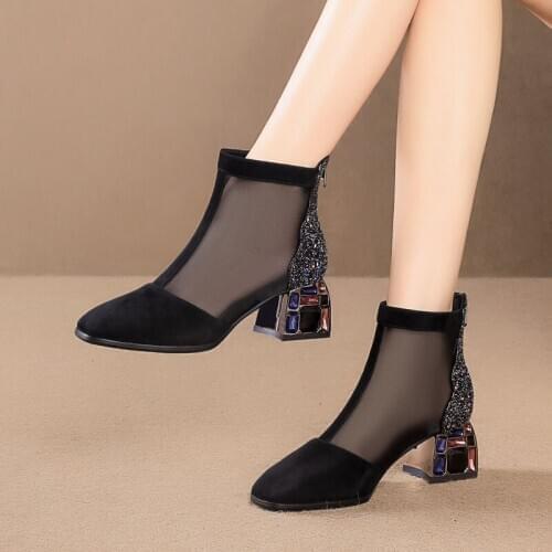 Summer Mesh Boots Woman Ankle Sandals Boots Mid Heel Shoes Glitter Sequince Cloth Ponited Toe Hollow Out Back Zip Black