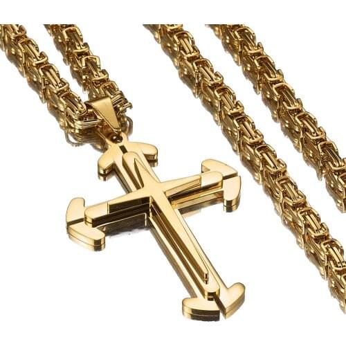 Fashion Byzantine Chain Christ Cross Stainless Steel Long Chain Necklace for Men Gold Color Statement Necklace Jewelry collares