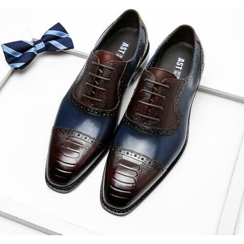 Men Genuine Leather Oxford Pointed Toe Laces Up Oxfords Dress Brogues Wedding Business Shoes