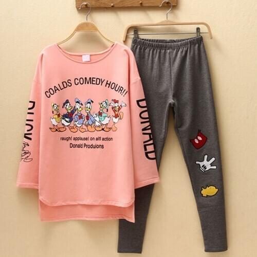 New cartoon Donald Duck pajamas women two-piece summer and autumn ins fashion casual wear loose long-sleeved home service suit