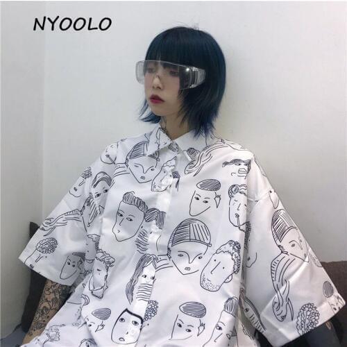 NYOOLO Vintage streetwear cartoon Portrait hip hop short sleeve shirt women men clothes Summer loose skateboard blouse shirt top