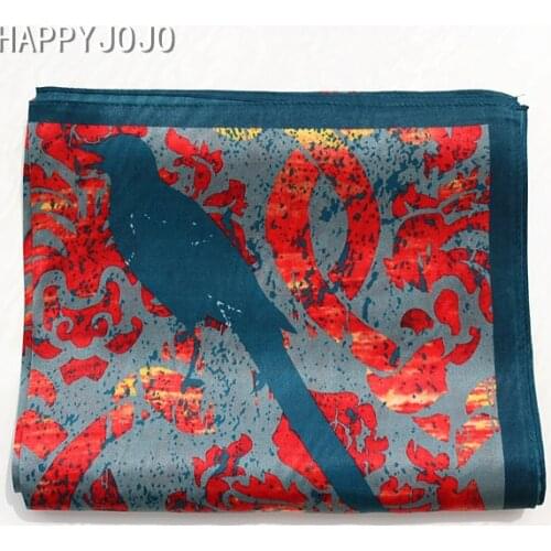 Hangzhou luxury natural silk printed long blue scarf for women with bird picture 100% real silk wrap shawl bandana gift for lady