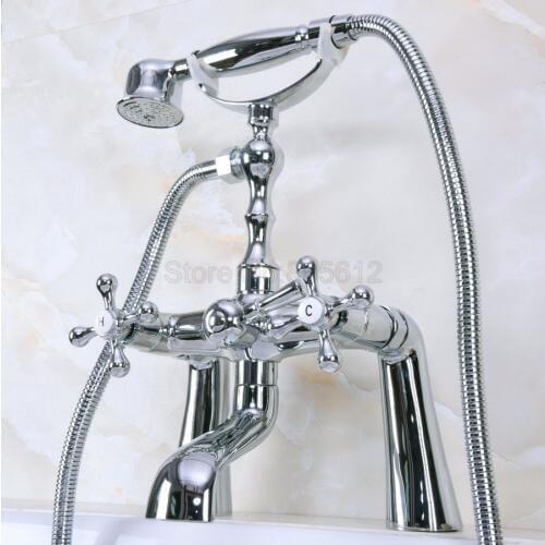 Polished Chrome Bathroom Shower Faucet Deck Mounted Bathtub Faucets Dual Handle Mixer Tap with Hand Spray tna124