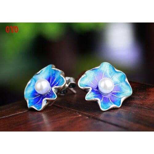 S925 sterling silver burnt blue cloisonne lotus leaf pearl earrings