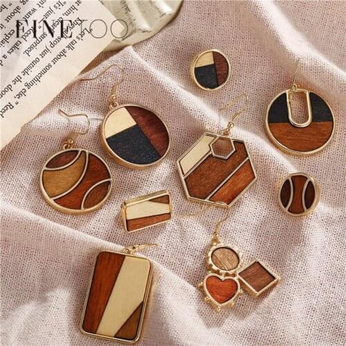 Fashion Colorful Square Round Wooden Earrings for Women Vintage Irregular Geometric Drop Dangle Earrings Statement Jewelry