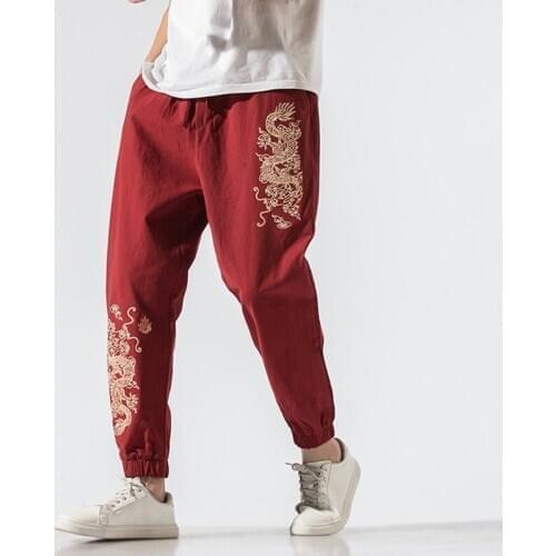 Chinese Style Harem Pants Streetwear Dragon Embroidery Casual Sweatpants Hippie Pants Men Japanese Trousers Kimono Pants KK3338