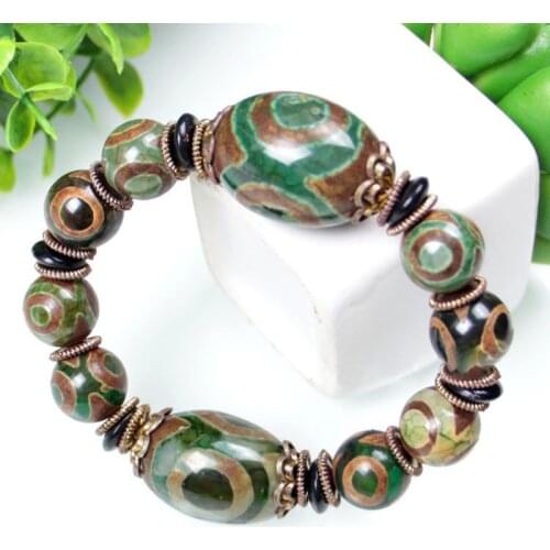 Old Tibetan Dzi Beads Stone Bracelet Ethnic Style Three Eyes Dzi Beads Vintage Chalcedony Prayer Beads Amulet Bracelets