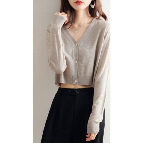 Fine Imitation Wool Knitted Cardigan Womens Jacket Spring Autumn Thin Loose Sweater V-Neck All-Match Blouse Short Cropped Navel
