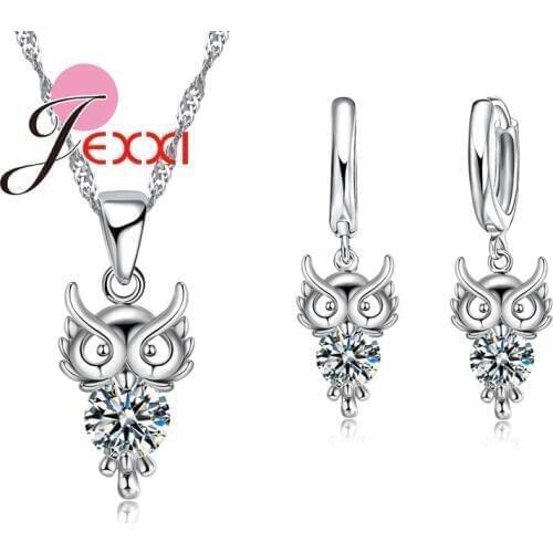 Bijoux 925 Sterling Silver Jewelry Set Clear Crystal Owl Pendant Drop Necklaces Earrings for Women Bridal Accessories