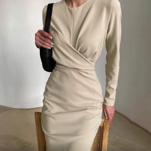 Long Sleeve O-neck Womens Long Dress Casual Lady Maxi Dress Elegant Party Dress Twist Pleated Slim Solid Color Women Autumn