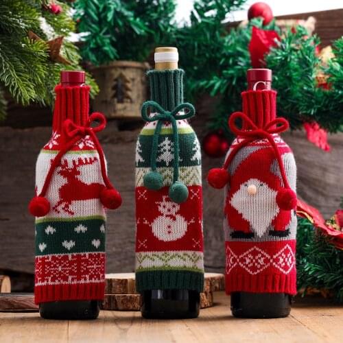2021 Fur Ball Bow Wine Bottle Cover Elk Old Man Snowman Knitted Red Wine Set Decoration Gift Ornaments