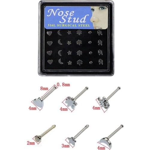 24pcs Nose Ring Studs Body 20G Jewelry Stainless Surgical Steel Nose Piercing