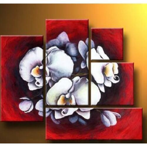 5 pcs Hand Painted Home Decor Canvas Painting Orchid On Red Background-Modern Canvas Art Wall Decor-Floral Oil Painting Wall Art