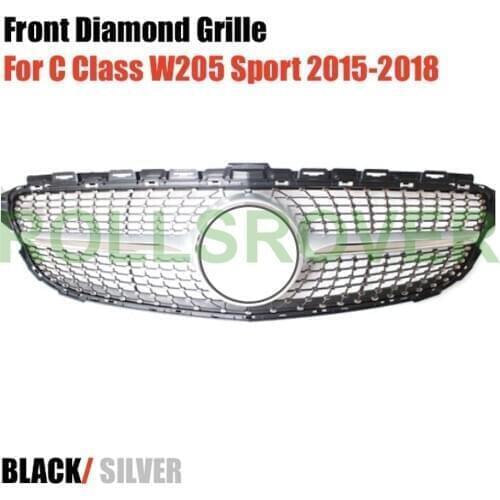 ROLLSROVER Front Bumper Diamond Grille Grill For C Class W205 Sport 2015-2018 Black Silver