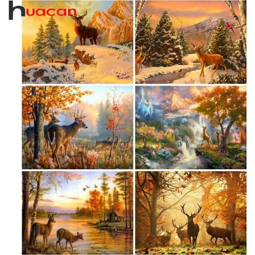Huacan Diamond Painting Full Deer Square/round Mosaic Autumn Winter Scenery Embroidery Animal Forest Home Decor