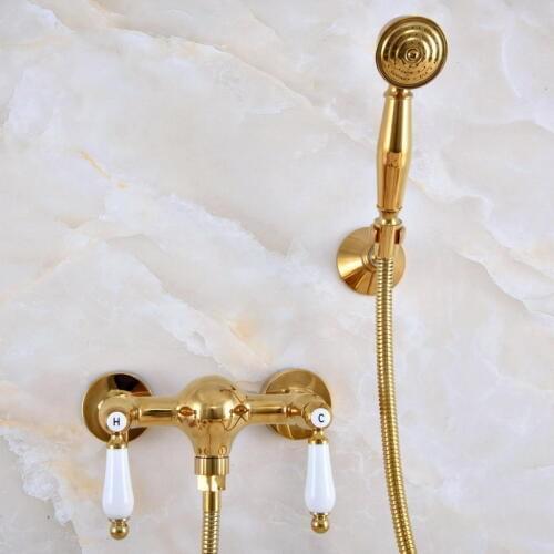 Luxury Polished Gold Color Brass Bathroom Hand Held Shower Head Faucet Set Mixer Tap Dual Ceramic Handles mna977
