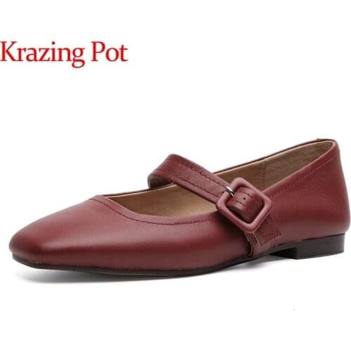 Krazing Pot genuine leather square toe shallow ballet shoes French romantic young lady vintage buckle streps women flats L66