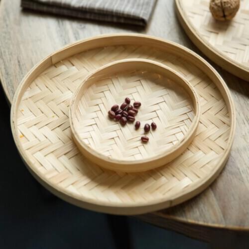 Hand-woven Bamboo Sieve Hand-painted Bamboo Raft Round Dustpan DIY Decorative Fruit Bread Basket Kitchen Storage Tray
