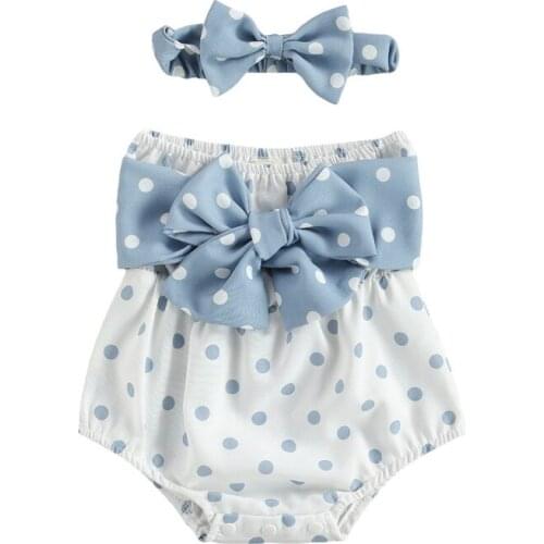 Lovely Newborn Baby Girl Bowknot Romper 0-18M Outfits Baby Girl Off Shoulder Strapless Polka Dot Print Boat Neck Romper Headband