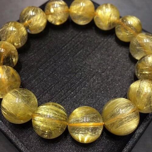 Genuine Natural Gold Rutilated Quartz 15mm Crystal Round Bead Stretch Bracelets For Women Men Drop Shipping AAAAA Certificate