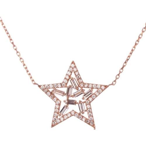 925 Sterling Silver Star Necklace with Baguette Stones Womens Pendant Necklace Silver Chain Necklace
