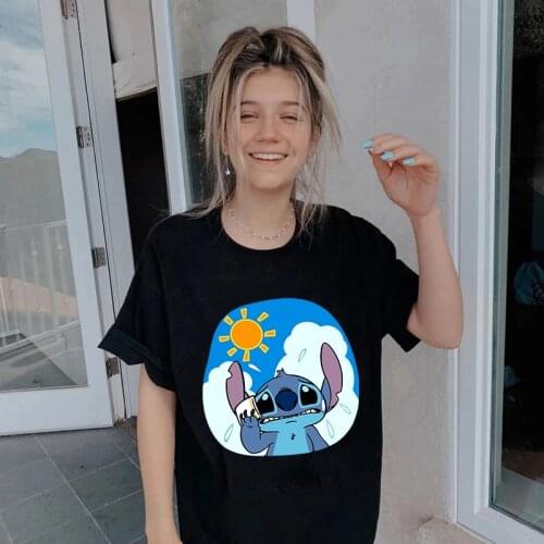 Disney Summer T Shirt Women Loose Casual Short Sleeve Black Tops Student Clothes Ladies O-neck T-shirt Lilo Stitch Female Tshirt