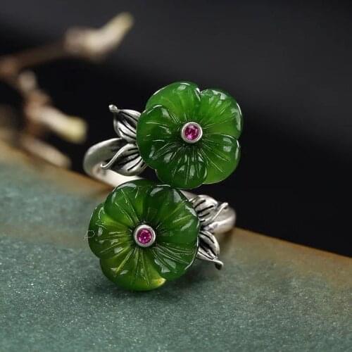 Natural Hetian Jade Green Jade Double-Headed Plum Blossom S925 Sterling Silver Ring Retro with Opening Finger Ring Ornament fo