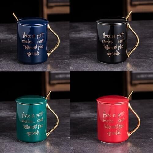 Ceramic Coffee Mug With Lid And Stainless Steel Spoon Luxury European Afternoon Flower Tea Cup For Birthday And Holiday Present