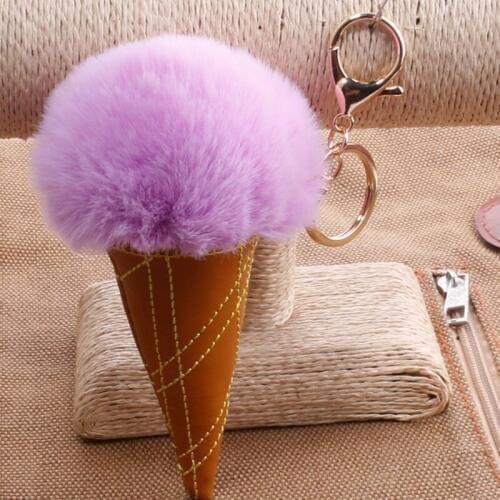 Hot Selling Ice Cream Shape Fluffy Ball Ice Cream Key Chain Women Girl Bag Pendant Car Accessories Keyrings QS1803