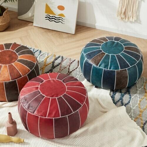 Moroccan PU Leather Pouf Embroider Craft Hassock Ottoman Footstool Round 55cm Artificial Leather Unstuffed Cushion Home Crafts