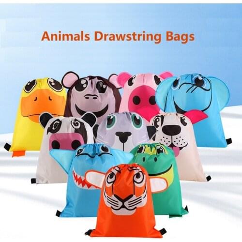 Cute Animals Drawstring Bags Tiger Shark Pig Duck Bear Elephant Puppy Backpack Hipster Cartoon Casual Kid Knapsack Birthday Gift
