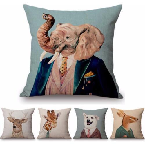 Cute Animal in Suits Elephant Giraffe Dog Deer Cosplay Style Sofa Throw Pillow For Decoration Kid Room Cushion Cover No Filling