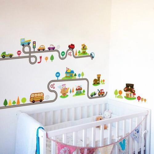Cartoon car road track creative wall sticker for kids rooms nursery childrens room decor on the wall car murals Child gift