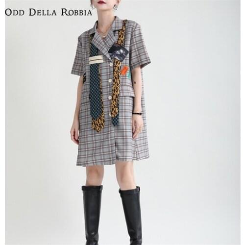 OddDellaRobbia Summer New Vintage Fashion Lapel Suit Jacket Plaid Pattern Tie Stitching Mid-Length Dress Short-Sleeved Women2219