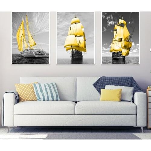 Nordic Poster Black White Sea Canvas Prints Golden Boat Wall Art Painting Decoration Pictures for living Room Modern Home Decor