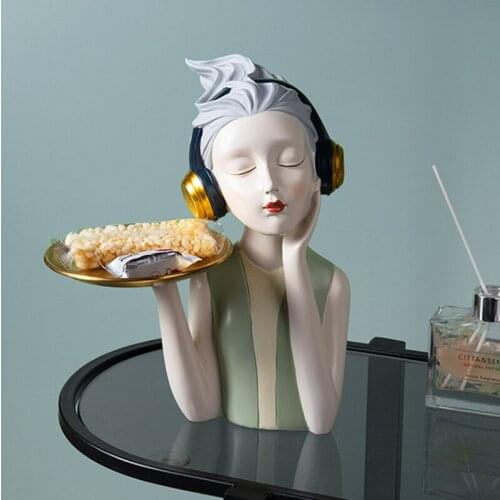 WEILEAD Resin Girl With Headphones Tray Storage Figurines Nordic Modern Living Room Desktop Sculpture Interior Home Decoration
