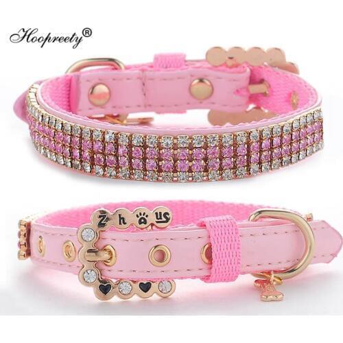 Full Pink Crystal Rhinestones Diamonds PU Leather Dog Pet Collars With Rhinestones Buckle Cat Dog Collars For Small Medium Dogs