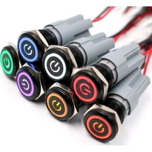 16mm Alumina Black Body Waterproof Press Metal Push Button Switch LED Light 3V 5V 12V 24V 36V 220V Momentary Car Engine PC Power